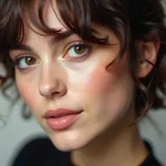 Visage de jeune femme aux cheveux bruns ondulés, coiffés en un léger **comb over** sur le front.