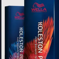 Trois boîtes de coloration Wella Koleston Perfect, avec des motifs abstraits de plumes dorées et rouges. Le mode d'emploi est intégré au design.