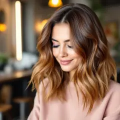 Une femme souriante avec une chevelure brune foncé aux reflets miel, un ombré hair subtil qui illumine son visage.