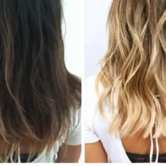 Avant/après : décoloration cheveux bruns en blond lumineux. Le résultat est une chevelure plus claire et ensoleillée.