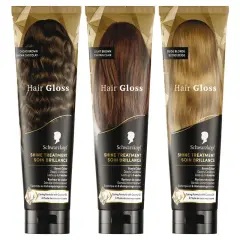 Trois tubes de "Hair Gloss" Schwarzkopf : brun cacao, châtain clair et blond beige. Pour une patine gloss éclatante et des cheveux soignés.