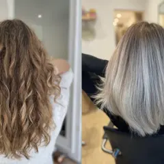 Avant/après : cheveux bouclés châtains transformés en lissés blonds. Un changement radical pour un nouveau look. Le prix patine coiffeur est justifié par ce résultat.