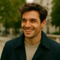 Un homme souriant arbore une coupe coiffé décoiffé homme, décontractée et moderne, dans un cadre urbain verdoyant.
