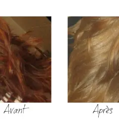 Avant : cheveux roux flamboyants. Après : une transformation réussie pour passer du roux au blond cendré, plus doux et lumineux.