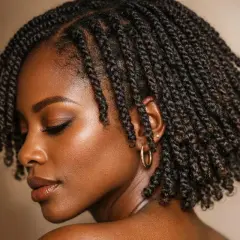 Une femme avec une tresse serrée et une boucle d'oreille dorée.
