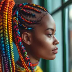 Profil d'une femme aux tresses arc-en-ciel vibrantes, un style audacieux qui capture l'essence de la beauté et de l'individualité.