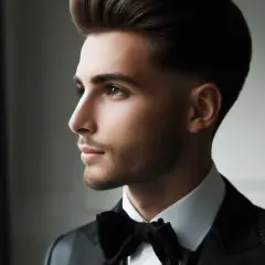 Un jeune homme élégant, coiffé d'un taper long, porte un smoking noir et un nœud papillon.