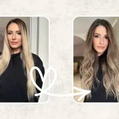 Avant/après : balayage subtil pour cacher les cheveux blancs sur une brune, apportant profondeur et lumière.