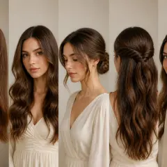 Coiffure soirée cheveux long : queue de cheval haute, ondulations, chignon bas, torsades et tresse.