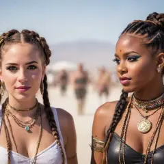 Deux femmes aux coiffures de festival audacieuses, ornées de tresses complexes et de bijoux ethniques, posent sous un ciel ensoleillé.