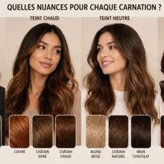 Guide de colorimétrie cheveux : 4 carnations (froide, chaude, neutre, foncée) avec des exemples de teintes capillaires pour chaque type de peau.