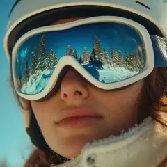 Reflet des sapins enneigés dans les lunettes d'une skieuse. Une coiffure pour le ski parfaite pour admirer le paysage.
