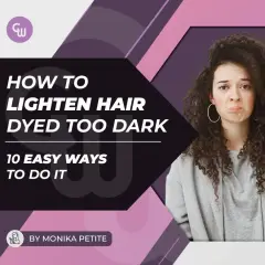 Une jeune femme aux cheveux bouclés fait la moue, visiblement contrariée par sa coloration. Le titre indique comment éclaircir ses cheveux colorés.