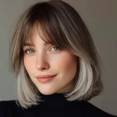 Jeune femme au regard bleu perçant, sa coupe de cheveux avec une meche rideau met en valeur son visage doux.