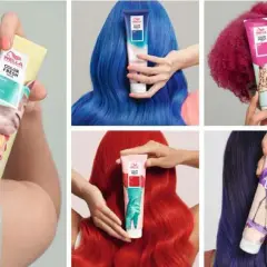 Utilisation du masque colorant Wella Color Fresh pour des cheveux vibrants : bleu, rose, rouge, violet et menthe.