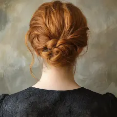 Un chignon cheveux bouclés roux, tressé avec élégance, orne la nuque d'une femme portant une robe noire en dentelle.