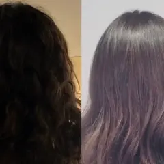 Avant/après : cheveux ternes et frisés transformés en une chevelure lisse et brillante grâce au soin botox cheveux.