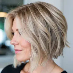 Une femme arbore un balayage cheveux court, avec des mèches blondes et châtain clair qui illuminent sa coupe dégradée.