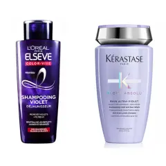 Trois flacons de shampoing violet ou bleu pour cheveux blonds, méchés ou blancs.