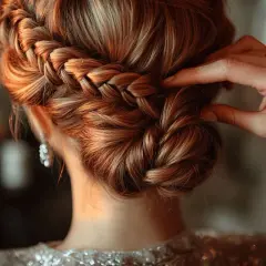 Un chignon haut avec tresse, une coiffure élégante et sophistiquée, orne la chevelure d'une femme. Une main ajuste délicatement la tresse.