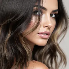 Magnifique femme aux cheveux noirs avec un balayage subtil, mettant en valeur des mèches blondes et châtain.