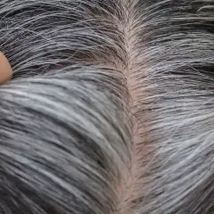 Gros plan sur des cheveux gris et blancs, montrant la décoloration naturelle. Des mains touchent délicatement la chevelure.