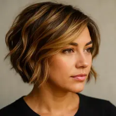 Une femme avec un carré ondulé et des mèches sur cheveux très courts, mettant en valeur son regard.