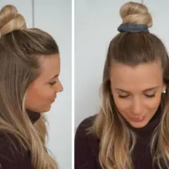 Coiffure facile : un chignon haut sur cheveux mi-longs, avec une mèche torsadée. Parfait pour un look rapide et chic.