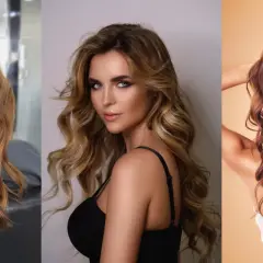 Trois vues de cheveux ondulés aux reflets subtils de mèches blondes et caramel, apportant profondeur et éclat.