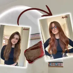 Avant/Après : une jeune femme aux cheveux châtains obtient une coloration fugace, des mèches rousses éclatantes.