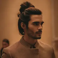 Un homme au chignon bas homme élégant, portant une veste texturée, pose avec assurance.