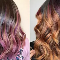Chevelures ondulées aux reflets roses et cuivrés, une tendance meches cheveux audacieuse et vibrante.