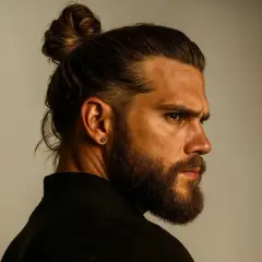 Un homme porte une coiffure banane homme avec un chignon haut. Il a une barbe et un piercing à l'oreille.