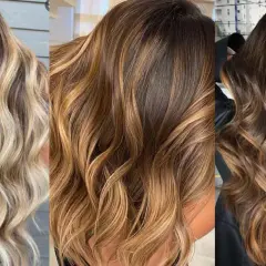 Trois chevelures ondulées aux reflets subtils, résultat d'un balayage avec une coloration réussie.