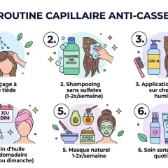 Routine capillaire anti-casse : rinçage, shampooing sans sulfates, leave-in, bain d'huile, masque naturel, soin quotidien. Aide à lutter contre les cheveux cassants, signe d'une carence.