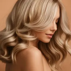 Une femme avec de magnifiques cheveux décolorés, ondulés et brillants, posant sur un fond beige.