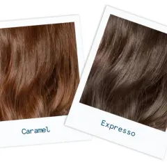 Deux échantillons de cheveux, l'un brun caramel, l'autre brun expresso, montrent des nuances de brun ou châtain.