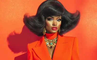 Une femme arbore une coiffure année 70 volumineuse et des bijoux éclatants, vêtue d'un blazer orange vif sur fond orange.