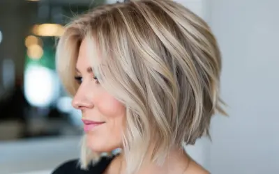 Une femme arbore un balayage cheveux court, avec des mèches blondes et châtain clair qui illuminent sa coupe dégradée.