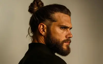Un homme porte une coiffure banane homme avec un chignon haut. Il a une barbe et un piercing à l'oreille.