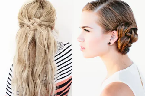 Coiffure soirée chic : un chignon tressé élégant et une demi-queue tressée bohème.