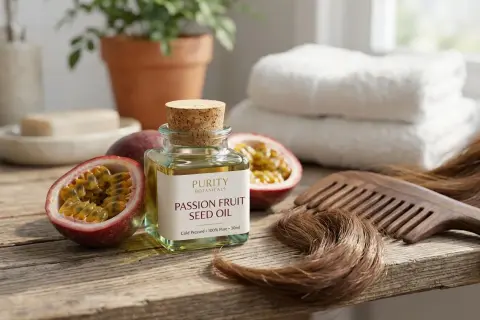 Huile de pépins de fruit de la passion pour hydrater les cheveux. Une bouteille d'huile, des fruits de la passion coupés, un peigne et des cheveux sur une surface en bois.