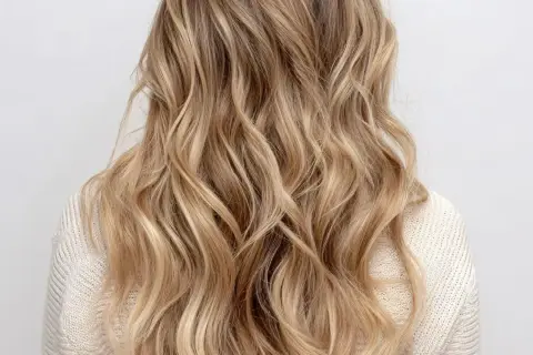 Chevelure ondulée aux reflets blonds subtils, un effet babylight blond naturel et lumineux.