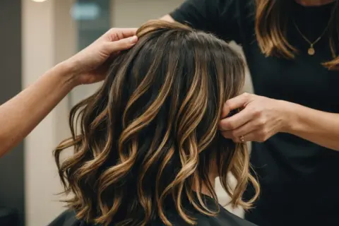 Une coiffeuse ajuste une chevelure mi-longue aux reflets blonds, un balayage racine foncé subtil rehausse la profondeur naturelle.