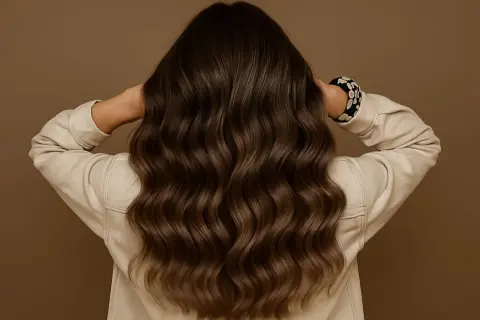 Chevelure brune ondulée avec un subtil effet smoky, mise en valeur par une veste beige.