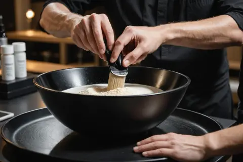 Mélange de poudre décolorante et d'oxydant dans un bol noir. Le bon ratio est essentiel pour une décoloration parfaite.