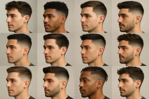 Douze hommes aux cheveux courts, présentés de profil, montrent diverses coupes de cheveux modernes.
