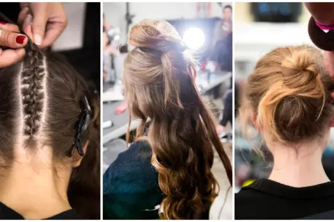 Trois étapes d'une coiffure cheveux long attaché : tresses, chignon haut, chignon bas.