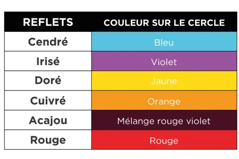 Tableau des reflets capillaires Wella et leurs couleurs correspondantes sur le cercle chromatique : Cendré/Bleu, Irisé/Violet, Doré/Jaune, Cuivré/Orange, Acajou/Mélange rouge violet, Rouge/Rouge.
