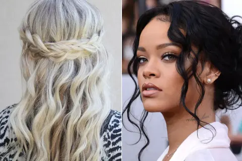 Coiffure cheveux bouclés avec tresse : une tresse couronne sublime des boucles blondes ondulées. À droite, Rihanna arbore des boucles sombres et une tresse discrète.